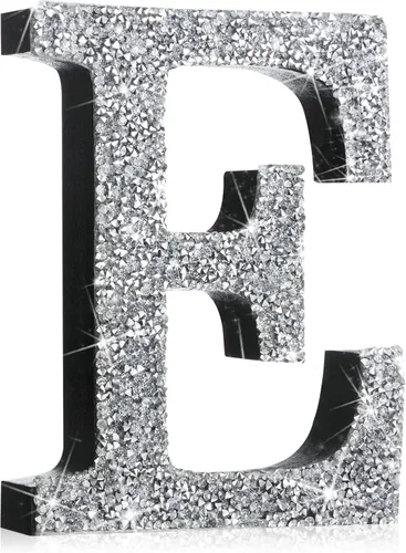 Miniatura 59 de Qunclay Letras brillantes de cristal plateado de 5.7 pulgadas, decoración de diamantes triturados, letra de madera con purpurina con tornillo