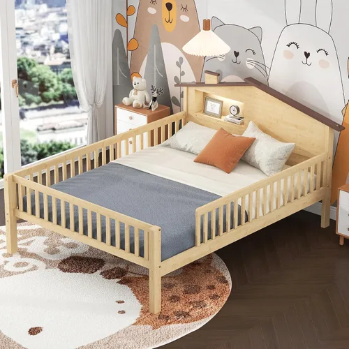 Miniatura 10 de VilroCaz Moderna cabecera de almacenamiento de cama de tamaño individual y barandilla de seguridad para niños, base de cama de plataforma de madera