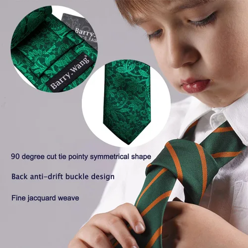 Miniatura 196 de Barry.Wang Corbata de niño regular seda tejida rayas sólido lazo bolsillo cuadrado