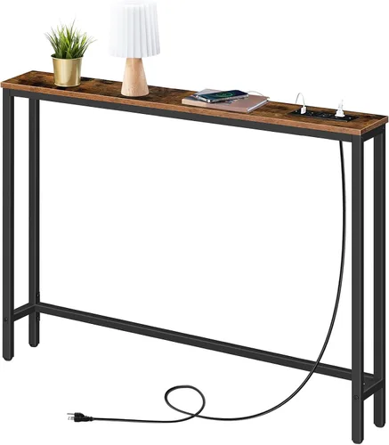 Miniatura 9 de HOOBRO Mesa consola delgada de 39.4 pulgadas con toma de corriente, mesa detrás del sofá de 5.9 pulgadas con estación de carga, mesa de sofá