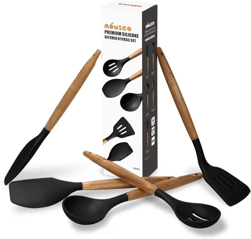 Miniatura 8 de Juego de utensilios de cocina, juego de utensilios de cocina de silicona, juego de espátulas de silicona antiadherente con mango de madera dura