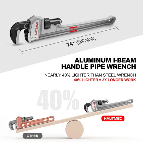 Miniatura 2 de HAUTMEC Llave de tubo recta de aluminio resistente de 24 pulgadas, llave de fontanería ajustable, capacidad de mandíbula de 3 pulgadas