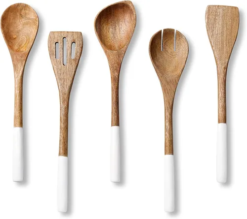 Miniatura 10 de Folkulture Cucharas de madera para cocinar, juego de 5 utensilios de madera de acacia prémium de 12 pulgadas, acabado liso, juego de utensilios