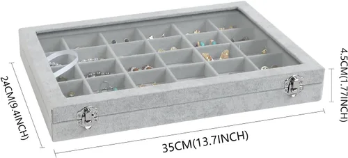 Miniatura 6 de Wudygirl Organizador de joyas de terciopelo con 30 rejillas, caja de joyas, bandeja de joyería con tapa transparente, estuche de almacenamiento