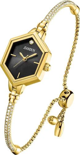 Reloj de mujer JIANDUN pequeño hexagonal dorado, reloj de pulsera de diamante con acento, impermeable y elegante Negro dorado