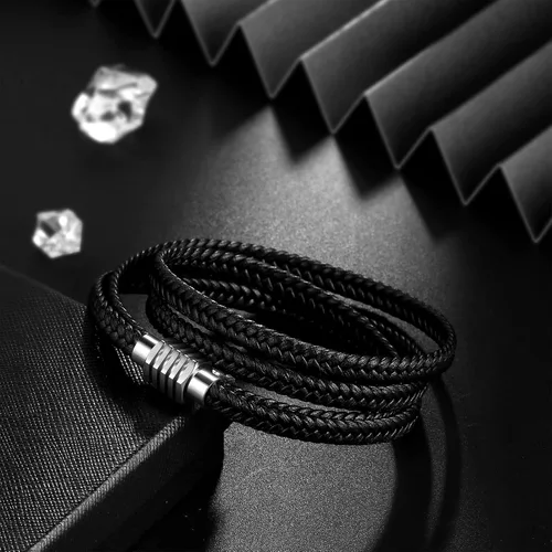 Miniatura 2 de Pulsera de cuero para hombre, pulsera trenzada negra de acero inoxidable, pulsera ajustable de protección multicapa para mujer