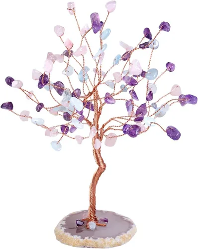 Miniatura 2 de Rockcloud Árbol de cristal de amatista, cuarzo rosa y aguamarina para decoración de oficina en casa, ágata natural, base de geoda bonsái, árbol