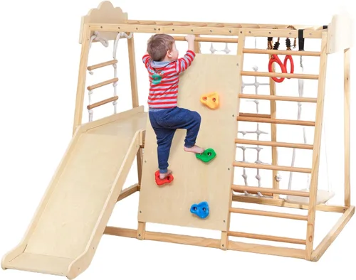 Miniatura 8 de Gimnasio de la selva de madera 5 en 1 para interiores para niños, escalera sueca montada en la pared con barra de agarre, anillos, columpio