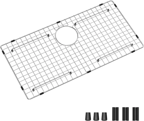Miniatura 10 de Rejilla de fregadero de acero inoxidable y protectores para la parte inferior del fregadero de cocina, 26 x 14 pulgadas con drenaje trasero