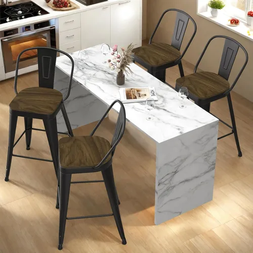 Miniatura 2 de Juego de 4 taburetes de bar de metal, taburetes de bar con respaldo alto con asiento de madera, taburetes de bar negros de 24 pulgadas para isla