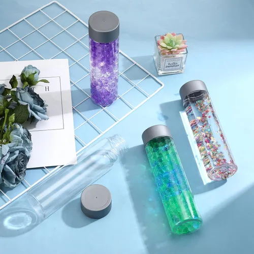 Miniatura 3 de Hoolerry 16 botellas sensoriales de plástico vacías con tapas, botellas de agua sensoriales de plástico transparente reutilizables para Gris