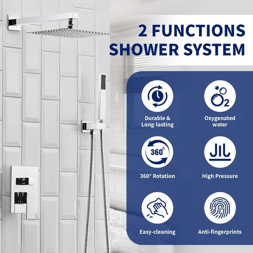 Miniatura 2 de BWE Juego combinado de ducha de mezclador de lluvia de lujo de 12 pulgadas cuadradas para baño, montado en la pared, sistema de cabezal de ducha