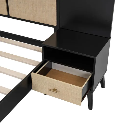 Miniatura 8 de Harper & Bright Designs Cama de plataforma tamaño Queen con 2 mesitas de noche y 2 lámparas, cama Queen de madera con cabecero, combinación de ratán