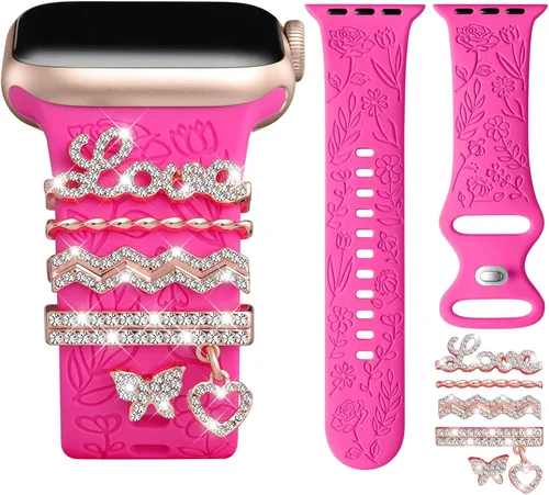 Miniatura 17 de DaQin Banda con Flor Grabada Compatible con Apple Watch, Bandas de 44mm, 42mm, 45mm, 46mm para Mujeres, Correa de Silicona Suave con Decoración