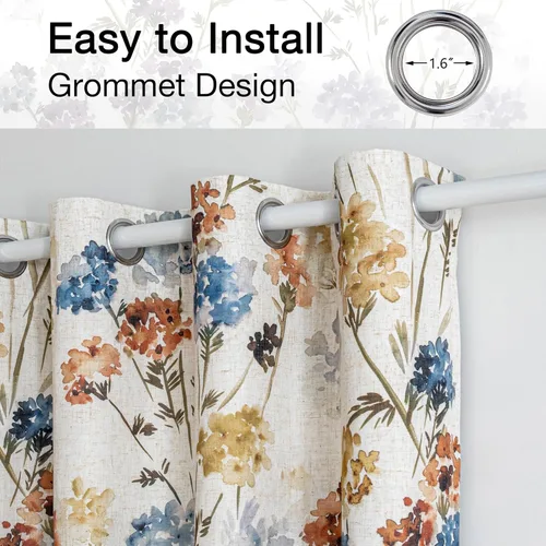Miniatura 5 de MYSKY HOME - Cortinas de lino florales 100% blackout, de 95 pulgadas de largo, 2 paneles para sala de estar y dormitorio, doble capa