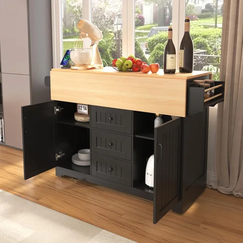 Miniatura 7 de Isla de cocina de 2 hojas caídas sobre ruedas, carrito de cocina rodante con tomas de corriente, mesa de isla de cocina con 2 gabinetes