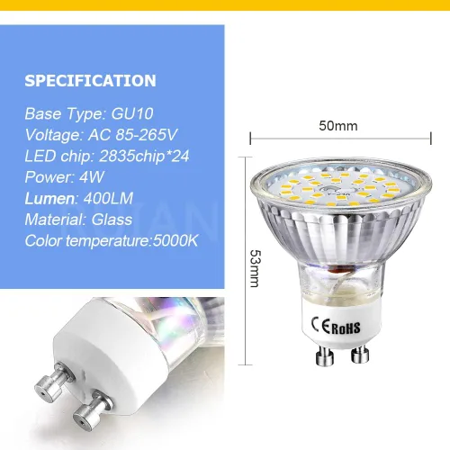 Miniatura 5 de Ruiandsion Bombillas LED GU10 de 85-265 V, luz diurna blanca, 5000 K, 2835, 24SMD, 400 lúmenes, 4 W, repuesto para foco empotrado de riel,