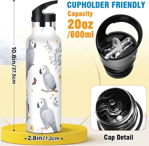 Miniatura 2 de Cartoon African Grey Parrot White, Kids Water Bottle with Leak Proof Spout Lid Double Wall Vacuum Insulated Leakproof BPA Free for Travel, Camping