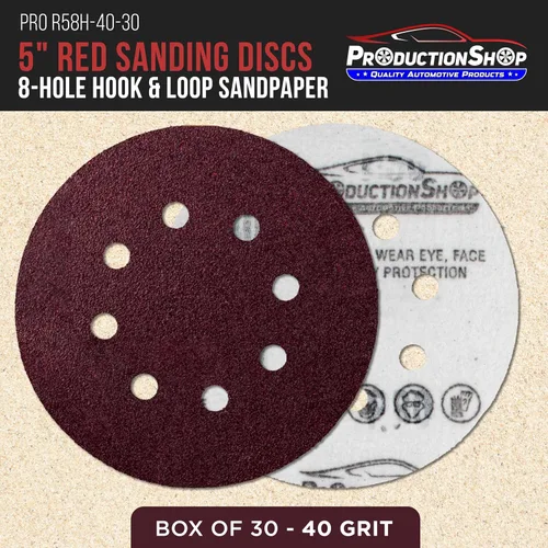 Miniatura 2 de ProductionShop Discos de lijado de grano 40 con patrón rojo de 8 agujeros de 5 pulgadas, caja de 30, papel de lija sin polvo con respaldo de gancho