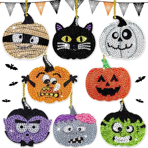 Whaline Kit de llavero de dibujo de diamantes de Halloween, hecho a mano, caricatura, monstruo, vampiro, momia, gato, colgante de dibujo de