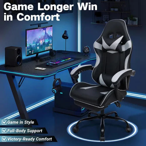 Miniatura 8 de FAB&Deluxe Silla de juegos, silla ergonómica de oficina para computadora con reposapiés y soporte lumbar, silla de escritorio ajustable en altura