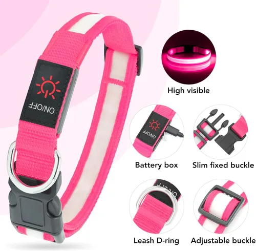 Miniatura 2 de Vizpet Collar para perro con luz LED, ajustable, recargable por USB, superbrillante, luz de seguridad brillante para perros (XL, rosa)