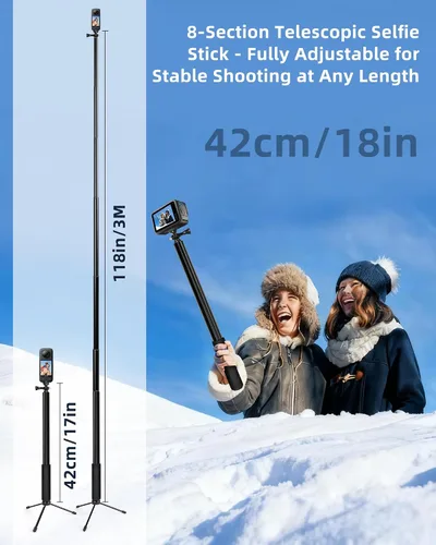 Miniatura 7 de Palo selfie extra largo de 118 pulgadas, palo selfie invisible de 10 pies, aluminio compatible con Insta360 X5/X4/X3 ONEX2/RS, Gopro, DJI Osmo