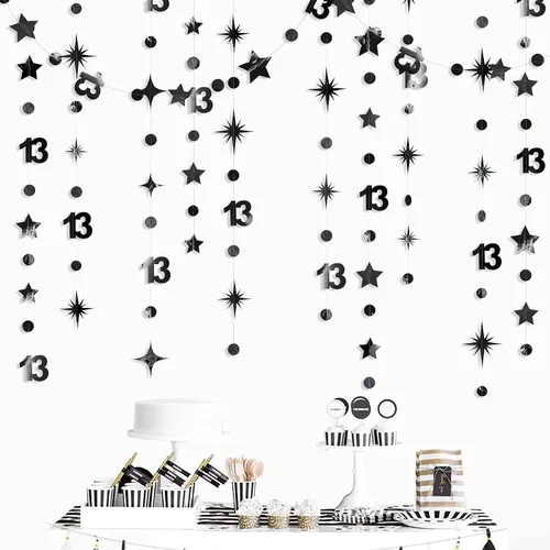 Miniatura 5 de Decoraciones Negras de Cumpleaños Número 13 Círculo Punto Estrella Centelleante Guirnalda Serpentina Colgante Metálica Banderín Banner Telón de Negro