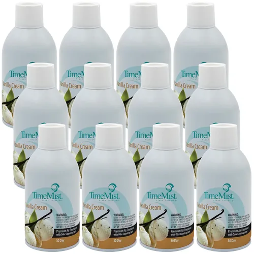 TimeMist Recambios de ambientador medido de alta calidad, crema de vainilla, 7.1 onzas (caja de 12) - 1042737 - Dura hasta 30 días y neutraliza los