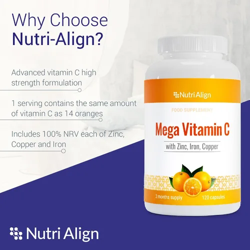 Miniatura 3 de Nutri-Align Mega Vitamina C 120 cápsulas de vitamina C de alta resistencia de 1000 mg - VIT C y suplemento de zinc, hierro y cobre Suplementos
