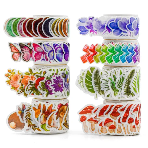 8 rollos de cinta adhesiva Washi vintage, diseño de pétalos de flores, hojas de helecho, mariposas, hojas de pino, hongos para bricolaje, diario,