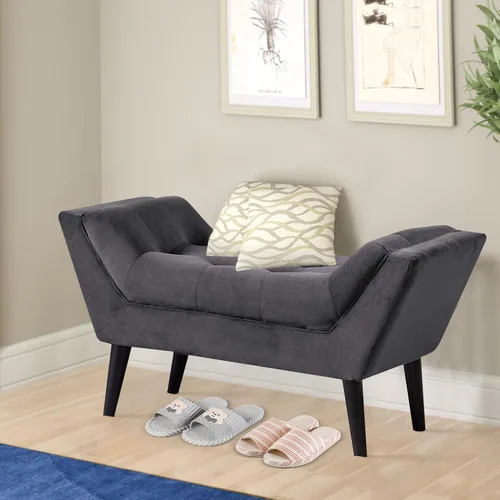 Miniatura 10 de Alunaune Banco otomano de terciopelo para dormitorio, banco de entrada tapizado, reposapiés otomano con patas de madera, 2 plazas, color gris oscuro