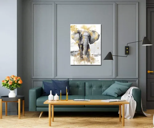 Miniatura 5 de sechars Cuadro moderno de animales para pared, pintura de elefante dorado y gris, impresiones en lienzo, arte contemporáneo para sala de estar