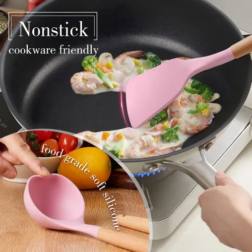 Miniatura 3 de LIANYU - Juego de utensilios de cocina de silicona, 15 piezas, resistentes al calor, con soporte, utensilios de cocina para utensilios de cocina Rosa