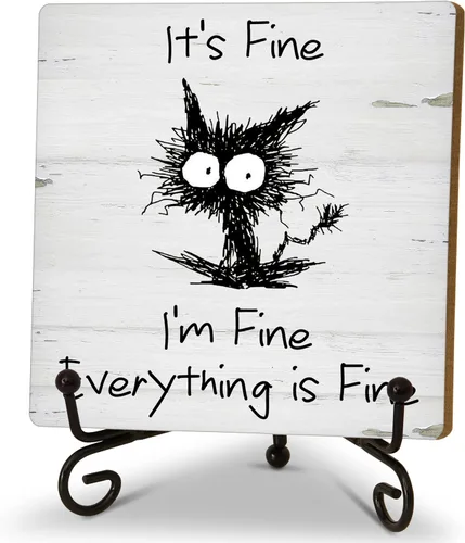 Decoración de oficina en casa, regalos para mujeres y hombres, placa de madera humorística con soporte, decoración de escritorio de gato negro para