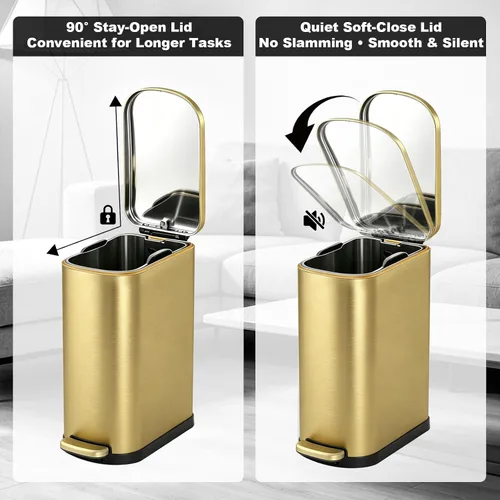 Miniatura 7 de ELPHECO Basurero de baño con tapa de cierre suave, 3.5 galones / 13.5 litros de acero inoxidable con cubo interior extraíble, papelera para baño