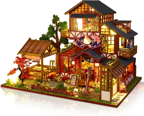Kit de casa en miniatura, pequeño restaurante japonés Sakura de madera 3D, kit de construcción de mini casa de muñecas con cubierta a prueba de