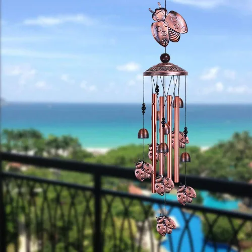 Miniatura 7 de Campanillas de viento de mariquita para decoración al aire libre – con 4 tubos, 6 campanas, 7 mariquitas de 36 pulgadas, impermeables, móviles