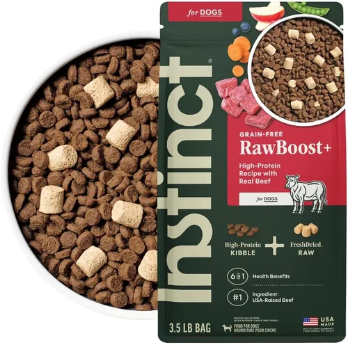 Instinct RawBoost, alimento seco natural para perros con trozos liofilizados, alta proteína y sin granos, receta de carne real, bolsa de 3.5 libras