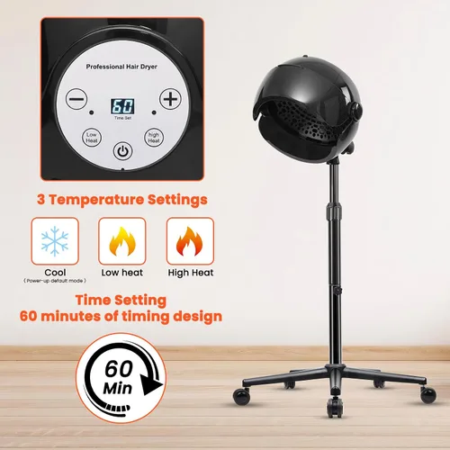 Miniatura 3 de Secador de pelo con capucha, secador de pelo de pie, secadora profesional con capucha sobre ruedas con pantalla digital, controles táctiles y 3