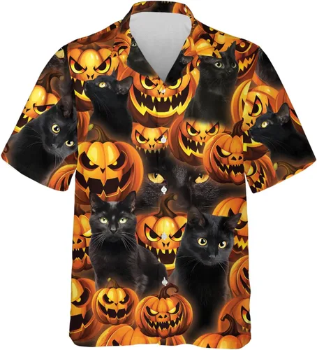 Miniatura 6 de Camisa hawaiana de gato negro para hombre, camisa de noche de Halloween, camisa de manga corta con botones (MP_HW_66)
