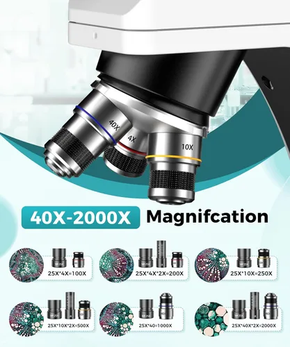 Miniatura 5 de Microscopio de compuesto biológico monocular, 2000X de alto aumento, universal para adultos, estudiantes y niños, instrumento de enseñanza