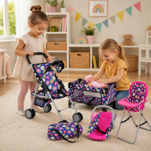 Miniatura 2 de fash n kolor El juego de 4 piezas para muñeca de bebé, diseño de flores, incluye paquete plegable y juego, cochecito de muñeca de bebé, silla alta 4