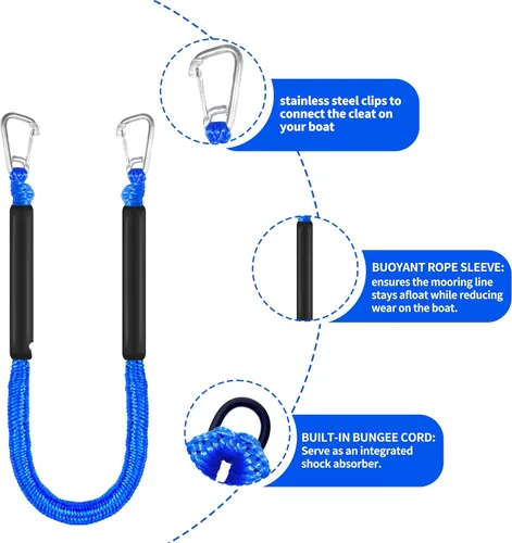 Miniatura 4 de Líneas de muelle elástico para barcos, cuerda flotante sin fregadero con ganchos dobles, amarre de lancha resistente para muelle para pontón jet ski