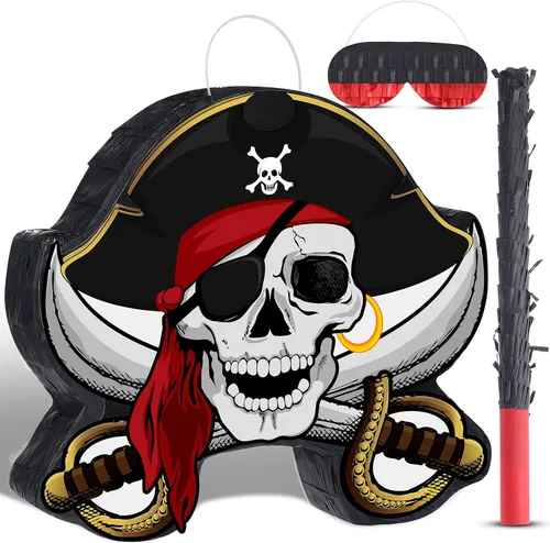 Paquete de piñata pirata, juego de fiesta pirata, incluye máscara de capitán Piñata Bat Stick para fiesta de cumpleaños, aventura náutica,