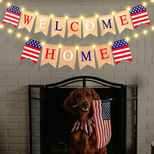 Miniatura 3 de Mudder Cartel de bienvenida al hogar del 4 de julio con decoración LED, cadena de luces de hadas, 2 modos de parpadeo, pancarta patriótica