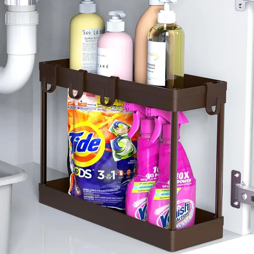 Miniatura 10 de Simple Houseware Bandeja organizadora de 2 niveles para debajo del fregadero con ganchos, color negro