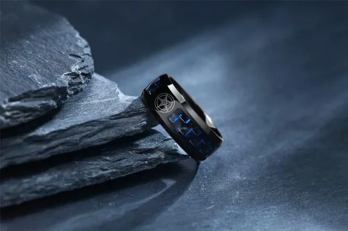 Miniatura 6 de Iglesia de Satanás Joyería Leviatán Cruz Satánica Símbolo Anillo Acero Inoxidable Fibra de Carbono Incrustación Banda para Hombres