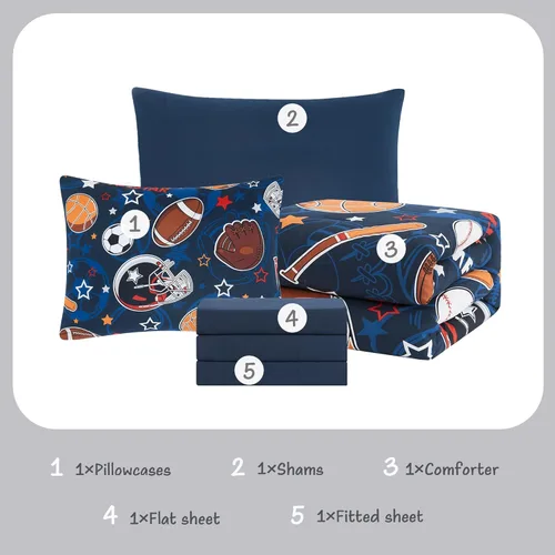 Miniatura 6 de Kaleido Space - Juego de edredón para niños tamaño individual de 5 piezas, con temática de deportes que brilla en la oscuridad, incluye sábanas
