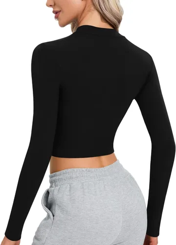 Miniatura 3 de CLOZOZ Camiseta corta de manga larga con forro polar para mujer, cuello alto falso para mujer, sexy, con cremallera, camisetas térmicas recortadas
